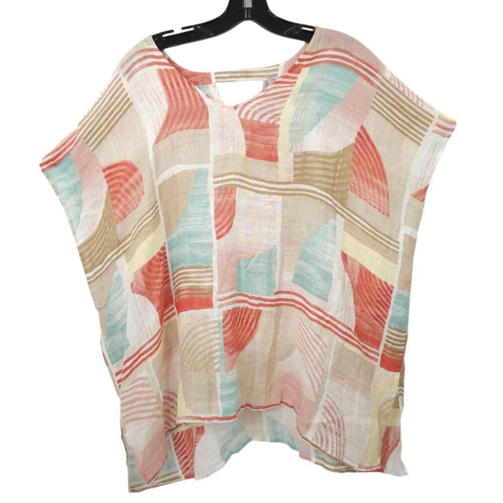 Chicos Linen Poncho Blouse Womens Size S/M Geometric Keyhole Back Pullover